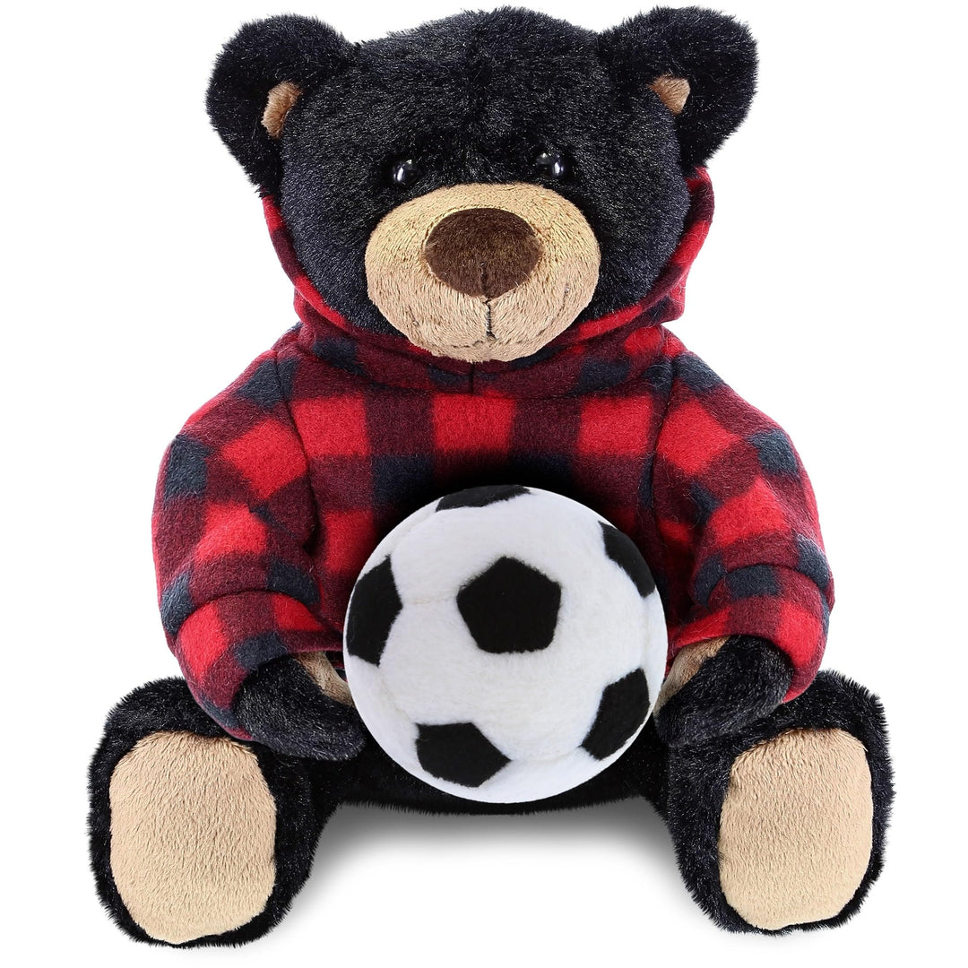 Black Bear with Soccer Ball Plush and Red Plaid Hoodie 10 Inches White Polyester