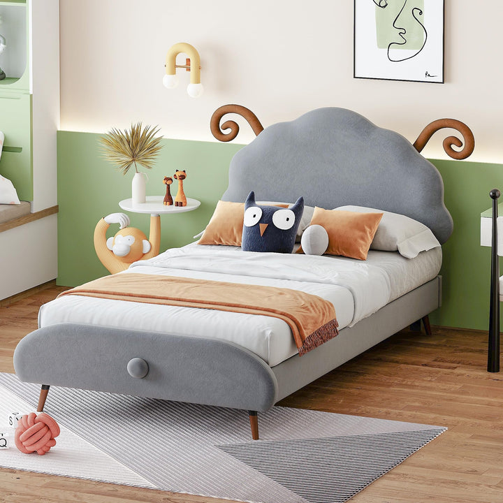 Twin Size Velvet Upholstered Platform Bed with Sheep-Shaped Headboard Kids Girls Boys Frame for Bedroom Grey Modern Contemporary Wood Natural Includes Hardware