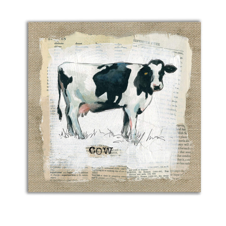 Burlap Cow -Gallery Wrapped Canvas - Yellow Blue Green Red Black White