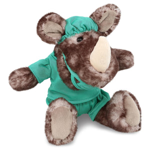 Sitting Brown Rhino Doctor Plush with Scrub Uniform and Cap 5.5 Inches Green Polyester