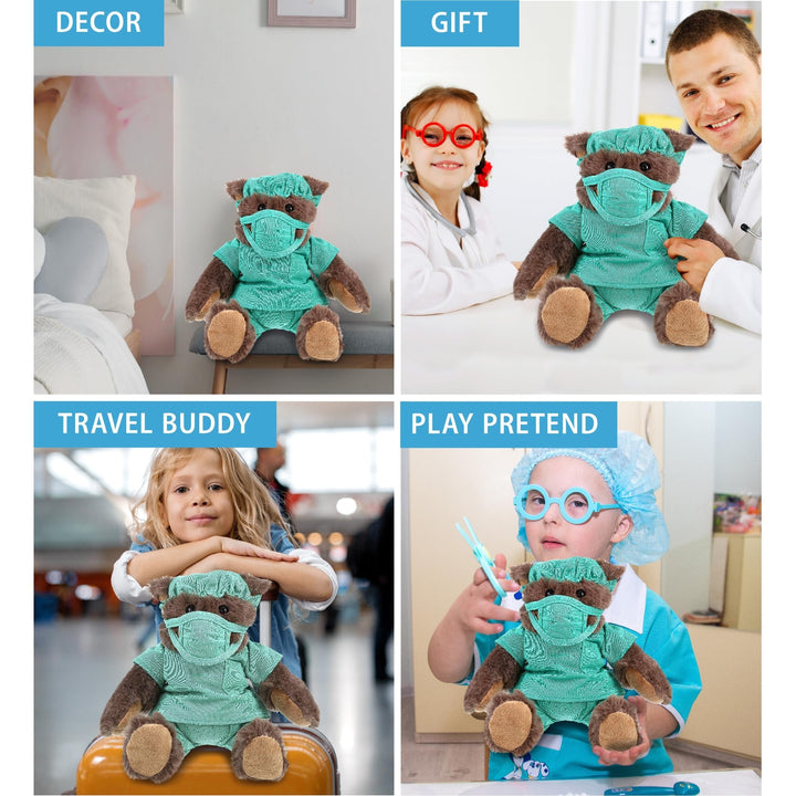 Brown Bear Doctor Plush Toy with Scrub Uniform and Cap Outfit 10