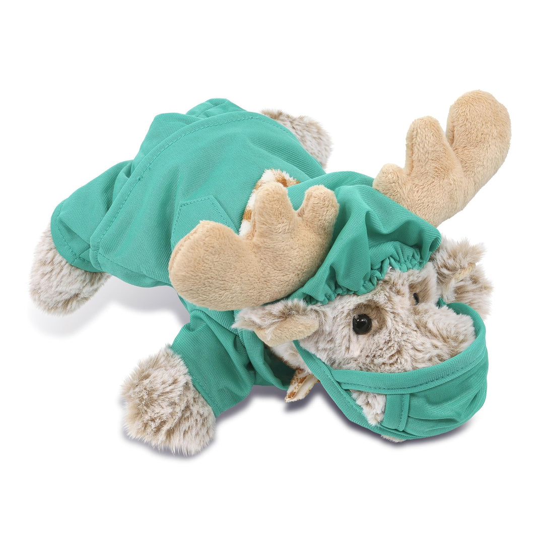 Moose Doctor Plush with Cute Scrub Uniform Cap Outfit 9.5 Inches Brown Green Polyester