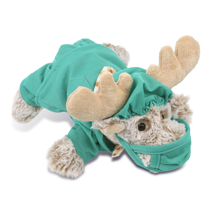 Moose Doctor Plush with Cute Scrub Uniform Cap Outfit 9.5 Inches Brown Green Polyester