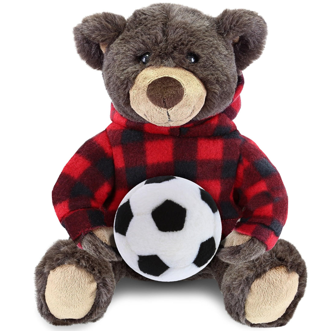 Brown Bear with Soccer Ball Plush and Red Plaid Hoodie 10 Inches White Polyester