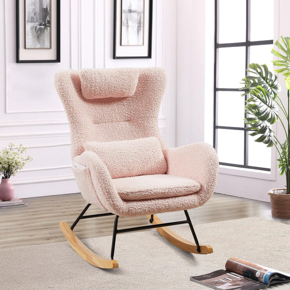 Nursery Rocking Chair Upholstered Glider Rocker with High Backrest Modern Accent Chairs Comfy Side for Living Room Pink Solid Cabin Lodge Contemporary Fabric Wood