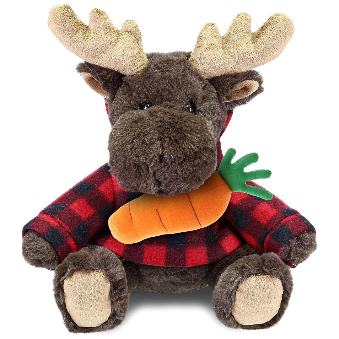 Happy Easter Plush Moose with Red Plaid Hoodie and Carrot 10 Inches Brown Orange Polyester