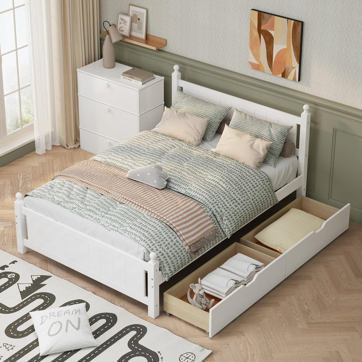 Full Size Platform Bed Frame with 2 Drawers Solid Wood Bedframe for Limited Space Kids Teens Adults Bedroom White Modern Contemporary Finish Includes Hardware