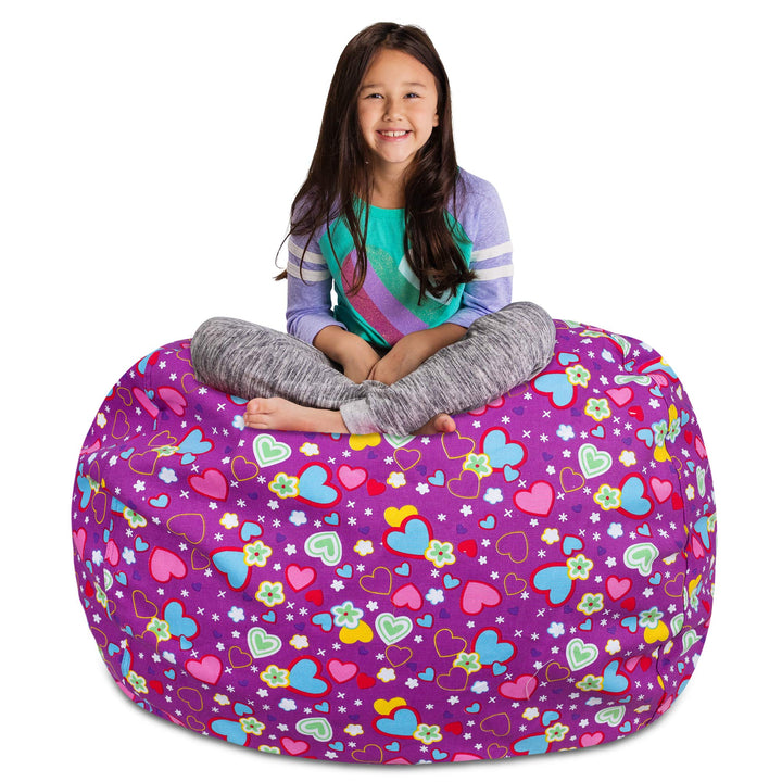 Posh Creations Stuffable Kids Stuffed Animal Storage Bean Bag Chair Cover - Childrens Toy Organizer, X-Large-48 - Canvas Multi-Colored Hearts on Purple