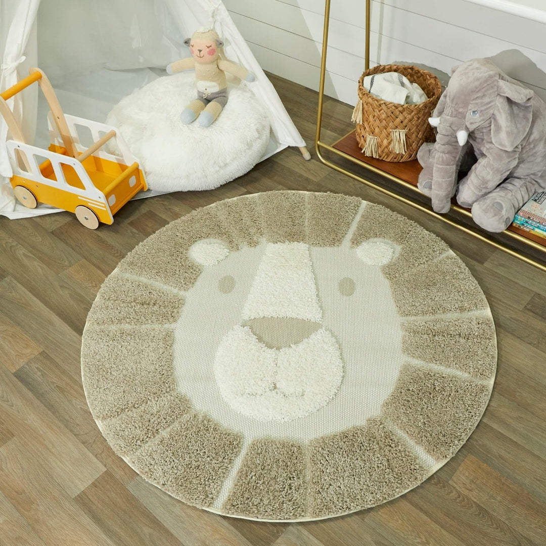 BALTA Mod-Tod Animal Round Shag Kids Rug Lion Tan Ivory