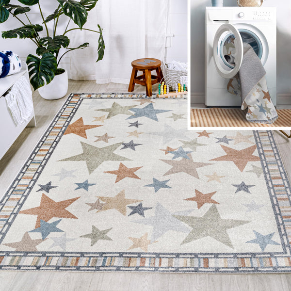 JONATHAN Y KDW100A-5 Star Gazer Geometric Machine-Washable Indoor Area Rug, Border, Kids & Novelty, Classic, Bedroom, Kitchen, Living Room, Easy-Cleaning, Non-Shedding, 5 X 8, Ivory/Blue/Orange