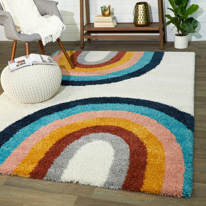 Double Rainbow Kids Area Rug 5'3" X 7' Blue Cream Pink Novelty Stripe Tween Shag Rectangle Polypropylene Latex Free Pet Friendly Stain Resistant