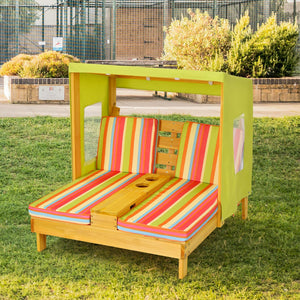 Kids Lounge Double Seat Patio Chair with Canopy and Cup Holder Multi Color Wood