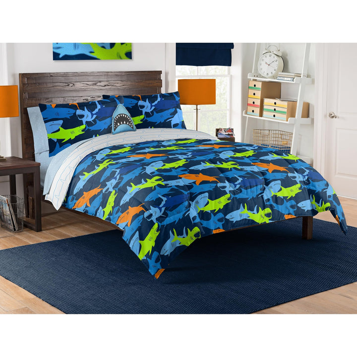 Kids Shark Adventure Full Bed-in-a-Bag with Decorative Pillow Blue Animal Print Casual Microfiber 8 Piece