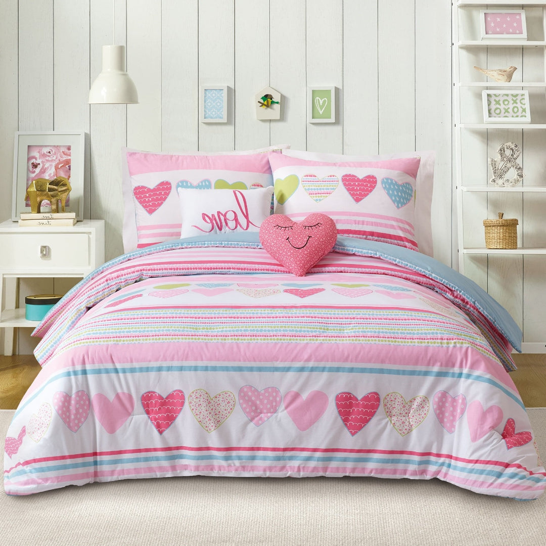 Adorable Trendy Hearts Design Girls Comforter Set Twin Size, Printed Pastel Geometric Horizontal Stripes Lines Bedding, Bright Modern Graphic Polka Dots Floral Swirls Pattern, Pink, Baby Blue