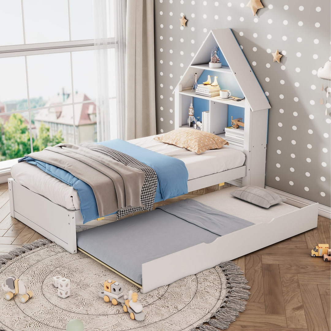 Twin Size Bed Kids Blue Modern Contemporary Traditional Wood