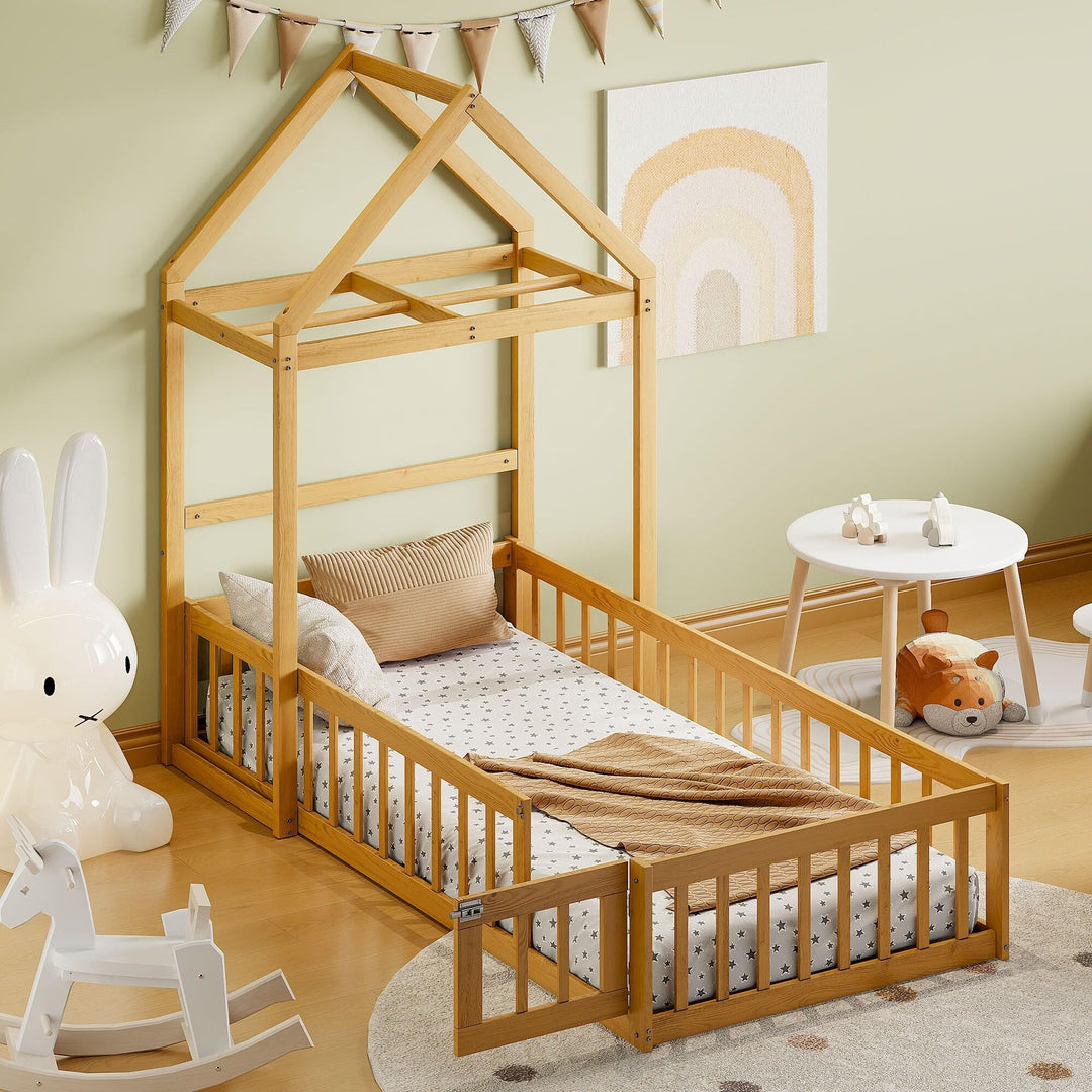 Twin Kids Wooden Floor Bed with Integrated Clothes Drying Rack Natural