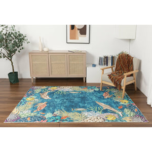 Kids Collection Dolphins and Multi Color Area Rug 5'x'7' 5" X 7" Animal Graphic Nature Tween Patterned Rectangle Cotton Polyester Rubber Latex Free Washable