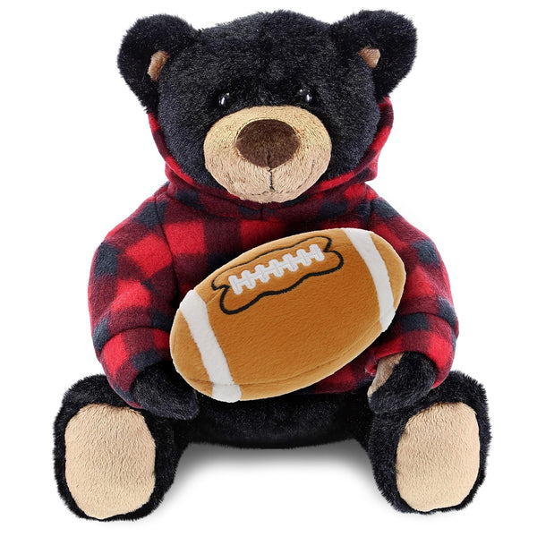 Black Bear Stuffed Toy W/Red Plaid Hoodie with Football Plush 10 Inches Brown Polyester