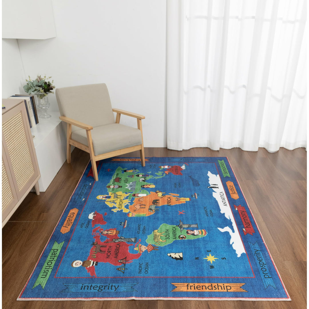 Kids Collection Discover The World Navy Area Rug 5'x'7' 5" X 7" Blue