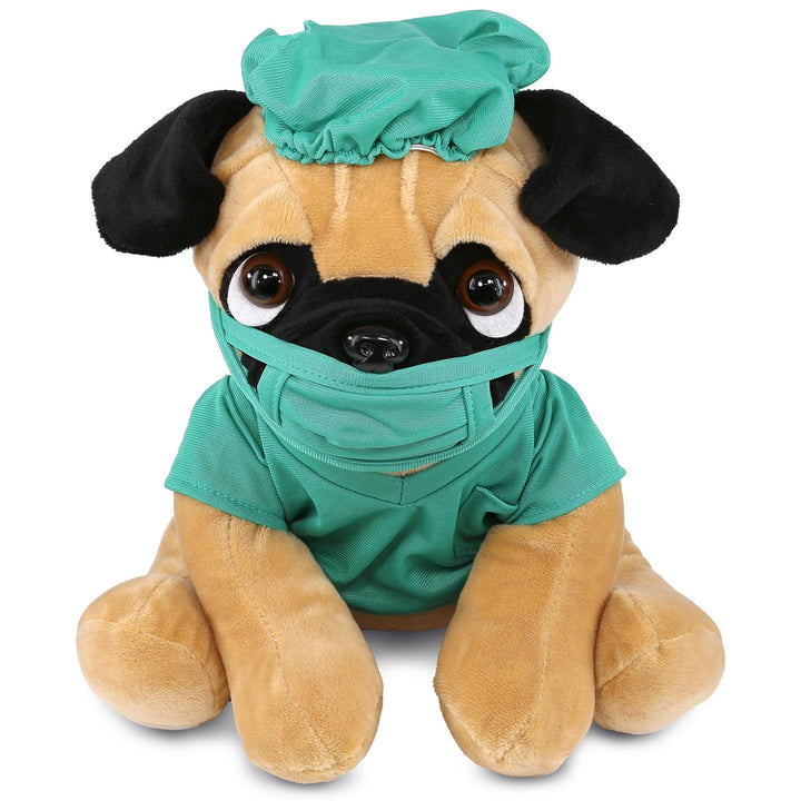 Pug Dog Doctor Plush with Cute Scrub Uniform and Cap Outfit 10 Inches Black Brown Green Polyester