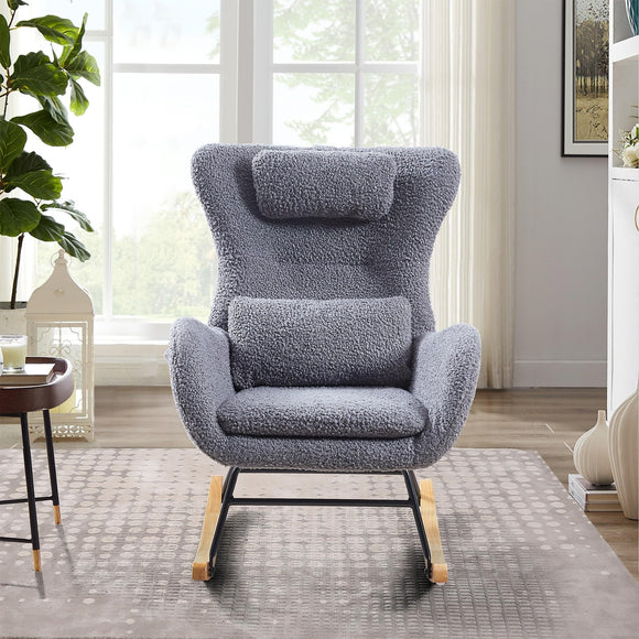 Nursery Rocking Chair Upholstered Glider Rocker with High Backrest Modern Accent Chairs Comfy Side for Living Room Gray Grey Solid Cabin Lodge Contemporary Fabric Wood