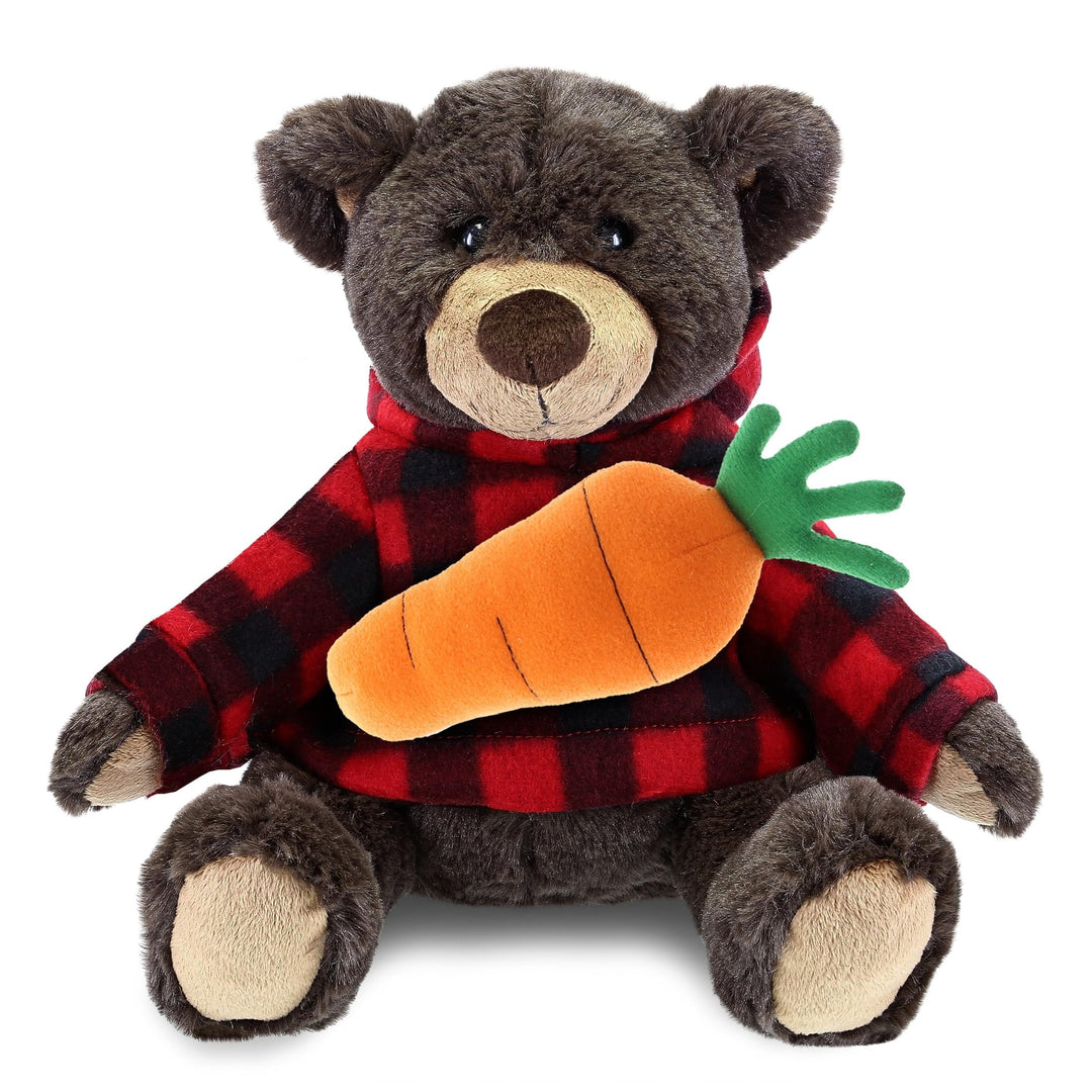 Happy Easter Plush Brown Bear with Red Plaid Hoodie and Carrot 10 Inches Orange Polyester