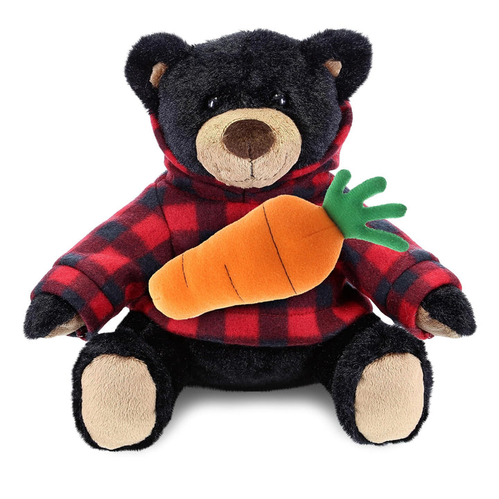 Happy Easter Plush Black Bear with Red Plaid Hoodie and Carrot 10 Inches Orange Polyester