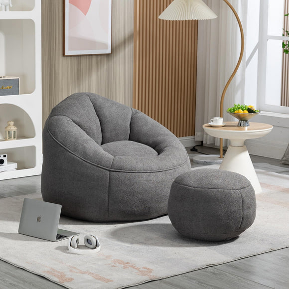 Bean Bag Sofa Chair Foam with Padded Padding and Footrest Grey Modern Contemporary Distressed