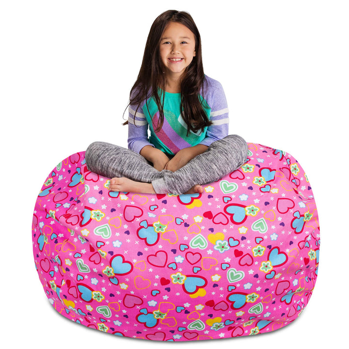 Posh Stuffable Kids Stuffed Animal Storage Bean Bag Chair Cover - Childrens Toy Organizer, X-Large-48 - Canvas Multi-Colored Hearts on Pink