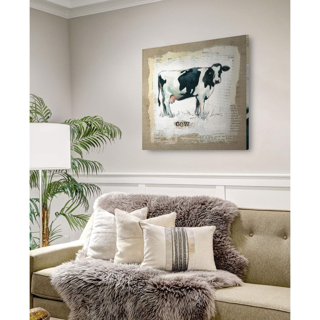 Burlap Cow -Gallery Wrapped Canvas - Yellow Blue Green Red Black White