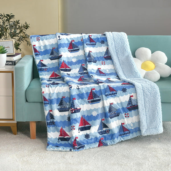 Printed Flannel Fleece Throw Sherpa Kids Blanket 40 X 50 Inch Nautical Sailing Boat White Base Blue Graphic Print Modern Contemporary Boys Reversible