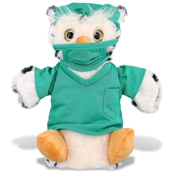 White Owl Plush Hand Puppet Doctor with Scrub Uniform and Cap 9.5 Inches Green Polyester