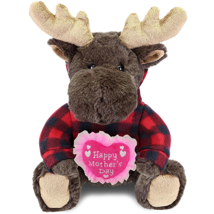 Happy Mothers Day Plush Moose with Red Plaid Hoodie 10 Inches Brown Pink Polyester