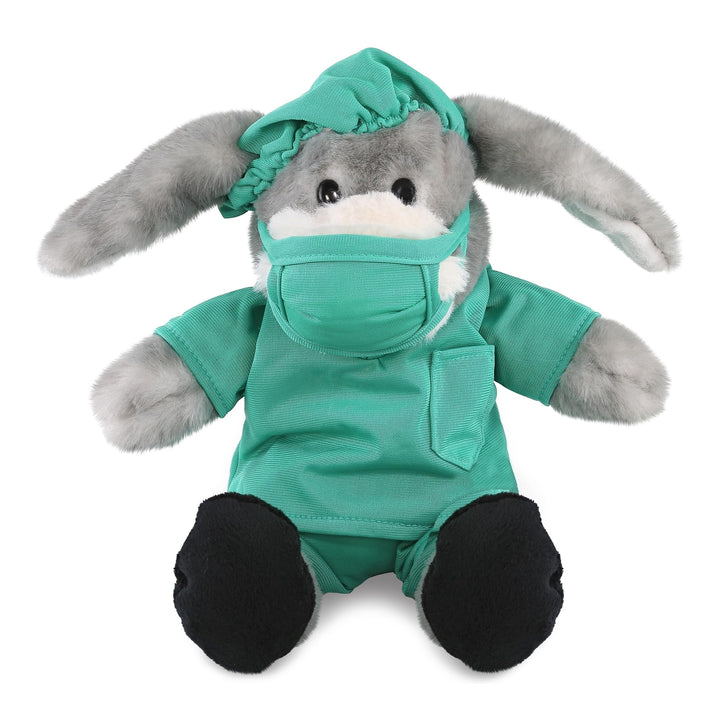 Sitting Grey Donkey Doctor Plush with Scrub Uniform and Cap 9 Inches Black White Polyester