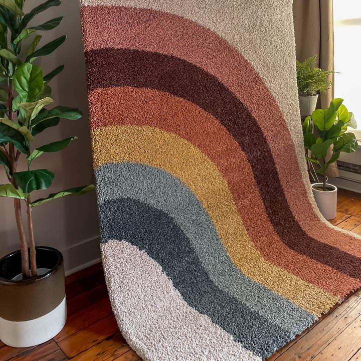 BALTA Mod-Tod Amelia Rainbow Print Shag Kids Area Rug Cream 7'10" x 10' 8' x 10' Gold, Blue, Burgundy Rectangle