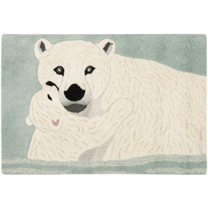 Handmade Wildlife Polar Bear and Cub Wool Rug - 2' X 3' Blue Animal Kids Tween Novelty Rectangle Contains Latex