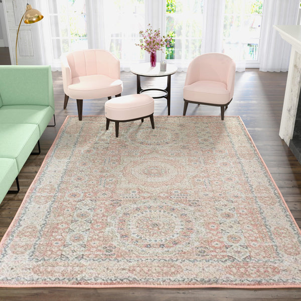 Rugs America Harper HY60A Pink Lemonade Transitional Vintage Pink Non-Shedding Living Room Bedroom Nursery Dining Home Office Area Rug, 9'x12'