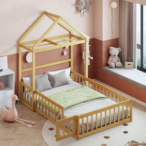 Wooden Full Size Children's Bed with Detachable Headboard and Integrated Clothes Drying Rack Natural Modern Contemporary Wood Finish Included