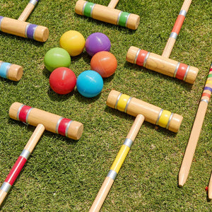 Six Player Croquet Set with Premium Rubber Wooden 28in Colored Balls Stakes Multicolor