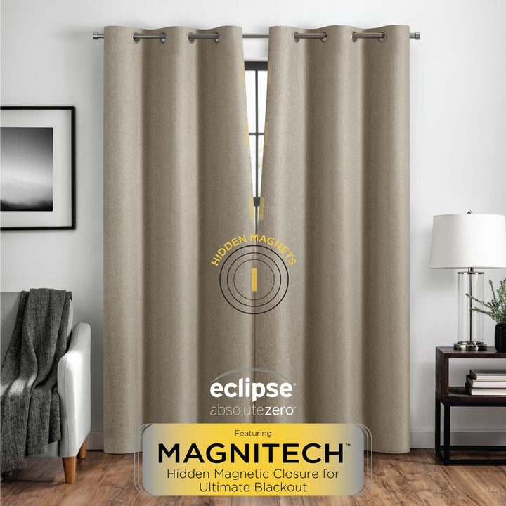 Eclipse Welwick Magnitech 100% Blackout Curtain, Grommet Window Curtain Panel, Seamless Magnetic Closure for Bedroom, Living Room or Nursery, 63 in long x 40 in wide, (1 Panel), Tan