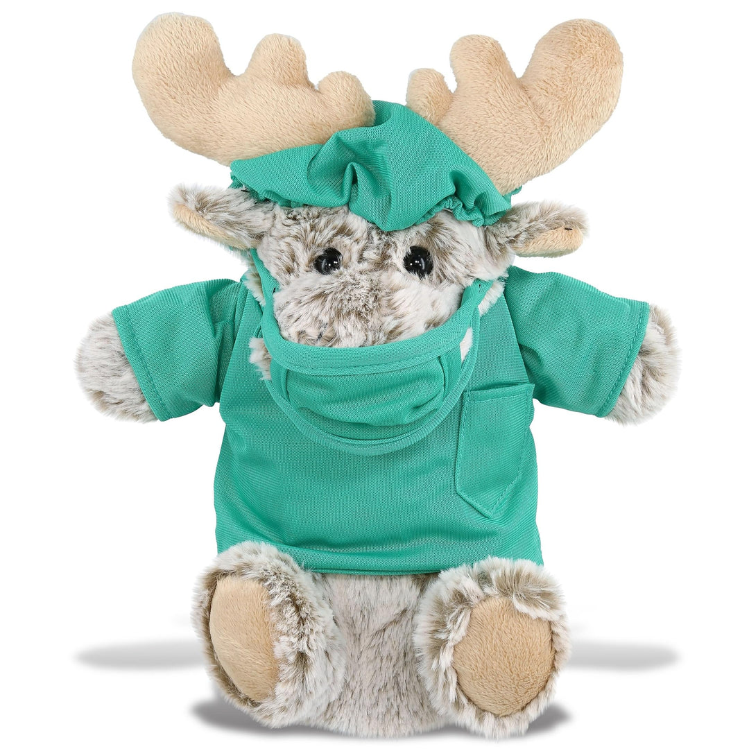 Moose Doctor Plush Hand Puppet with Cute Scrub Uniform and Cap 10 Inches Brown Green Polyester