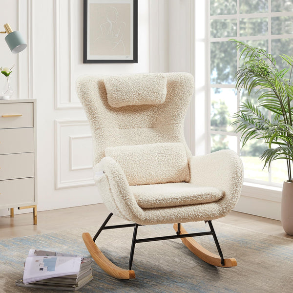 Nursery Rocking Chair Beige Glider Accent Chairs with High Backrest Solid Cabin Lodge Modern Contemporary Fabric Wood Finish Padded Seat