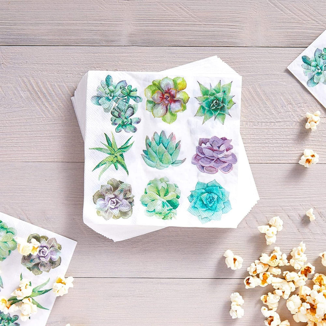 Succulent Paper Napkins for Birthday Party (6.5 in Pack) White Floral Square Bamboo