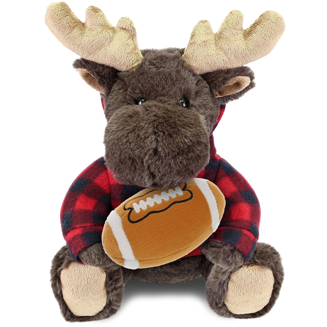 Moose Stuffed Toy with Red Plaid Hoodie Football Plush 10 Inches Black Brown Polyester