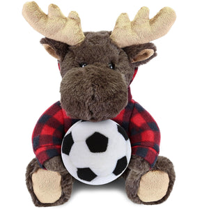 Moose Stuffed Toy with Soccer Ball Plush and Red Plaid Hoodie 10 Inches Brown White Polyester