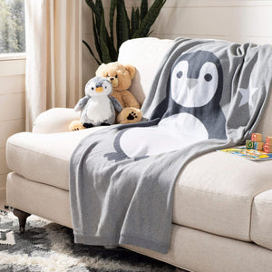 Penguin Baby Throw Blanket Grey White Nature Neutral Animals Cotton