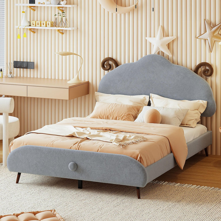 Full Size Velvet Upholstered Platform Bed with Sheep-Shaped Headboard Kids Girls Boys Frame for Bedroom Grey Modern Contemporary Wood Natural Includes Hardware