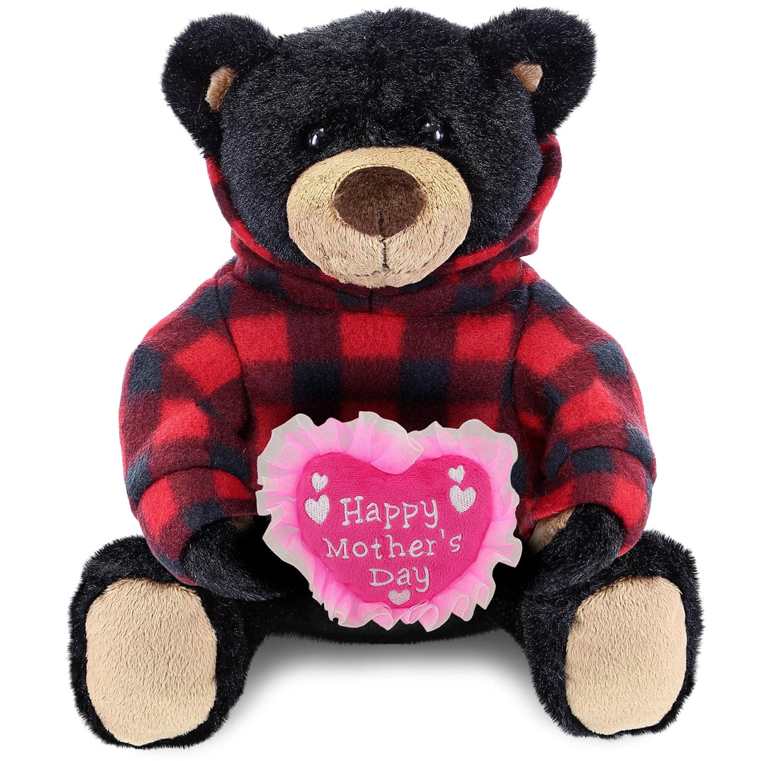 Soft Plush Black Bear with Red Plaid Hoodie 10 Inches Pink Polyester