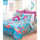 Underwater Sea Mermaid Design Kids Comforter Set Twin Size, Printed Coastal Crabs Clamps Sand Dollar Bubble Fish Reefs Corals Starfish Bedding, Animal Lover Themed, Whimsical Turquoise, Coral