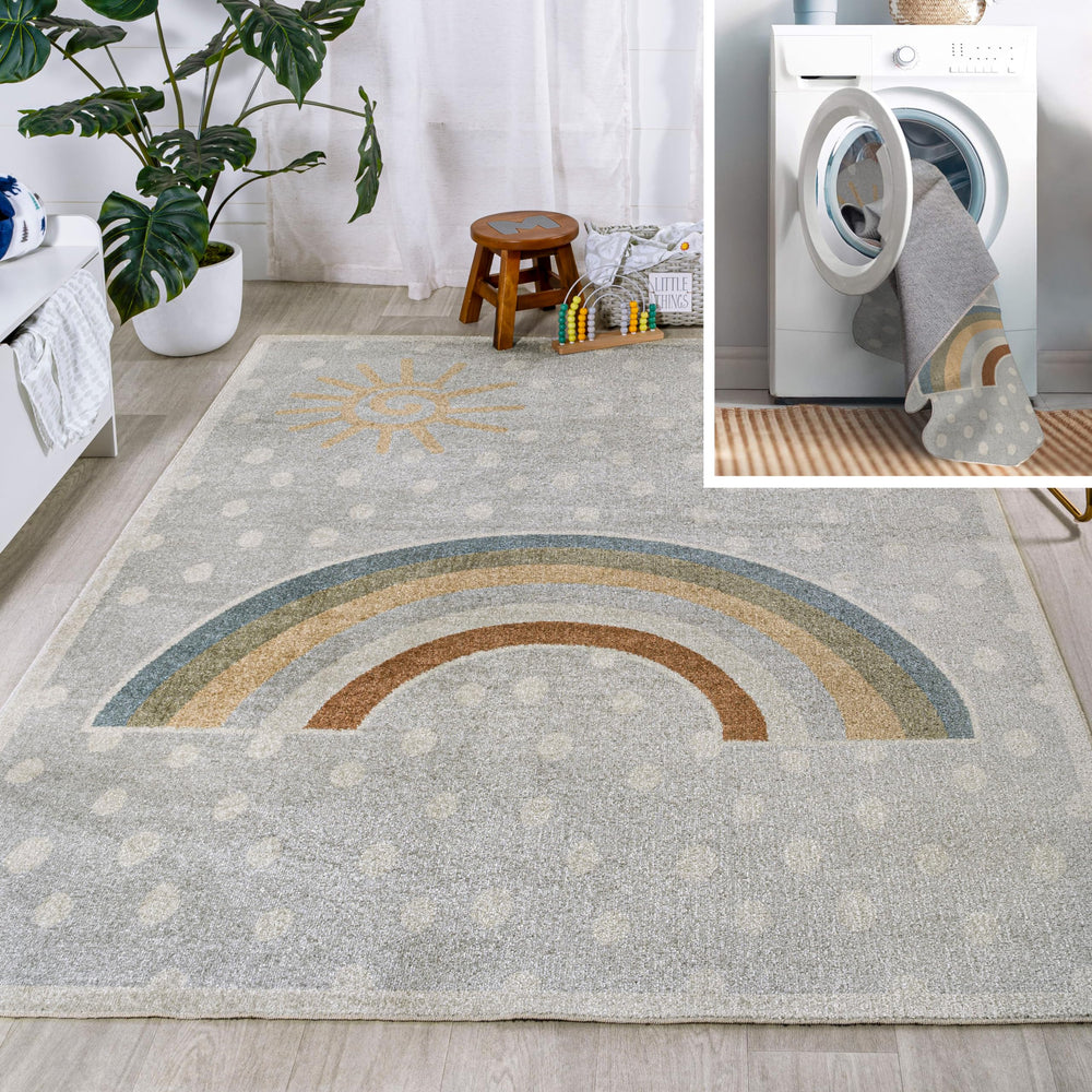 JONATHAN Y KDW102A-8 Minha Rainbow Dot Modern Machine-Washable Indoor Area Rug, Kids & Novelty, Casual, Classic, Bedroom, Kitchen, Living Room, Easy-Cleaning, Non-Shedding, 8 X 10, Gray/Ivory/Yellow